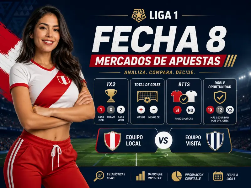 Mercados de apuestas de la Fecha 8 de Liga 1 con 1X2, goles, BTTS y doble oportunidad