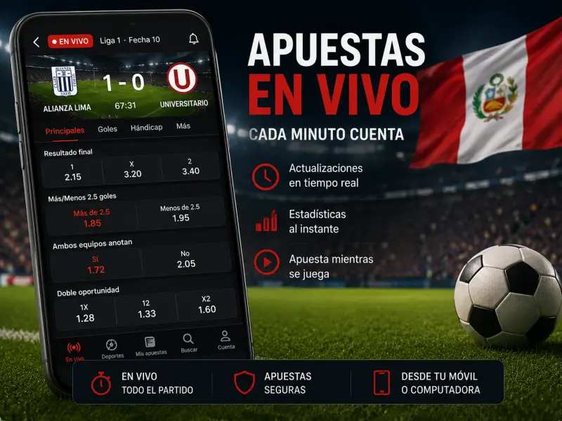 Pantalla de fútbol en vivo con marcador y mercados del partido